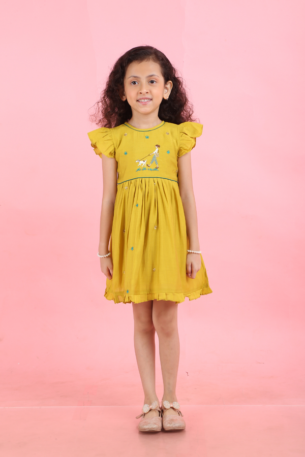 MUSTARDD YELLOW GIRL MOTIF DRESS