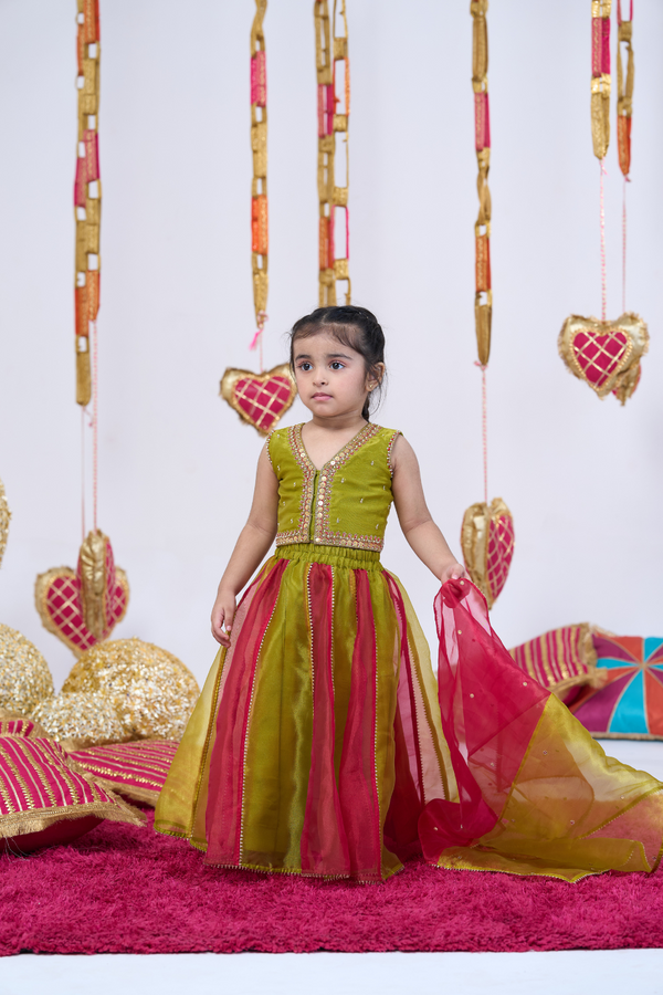 RED AND GREEN METAL WORK LEHENGA