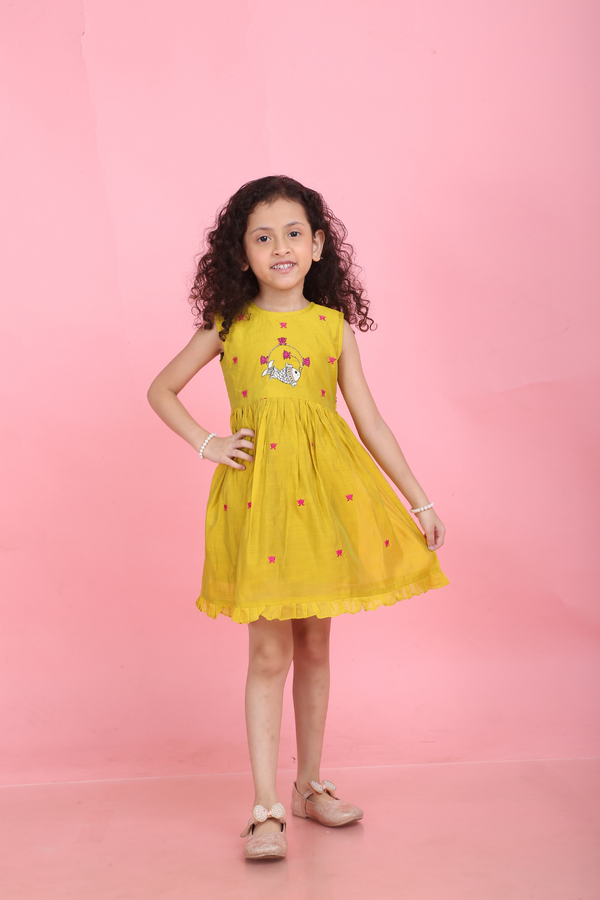 MUSTARD PICHWAI FISH AND LOTUS DRESS