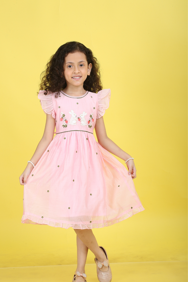 PEACH RABBIT EMBROIDERY DRESS